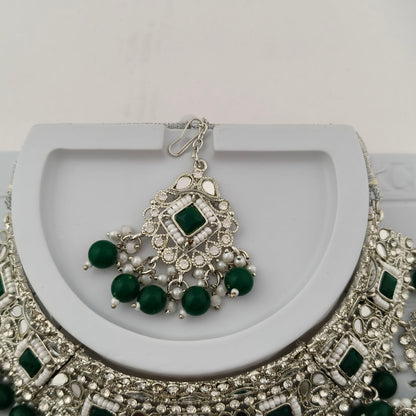 Elegant Choker Necklace Festive Set - Green color, Silver Plated