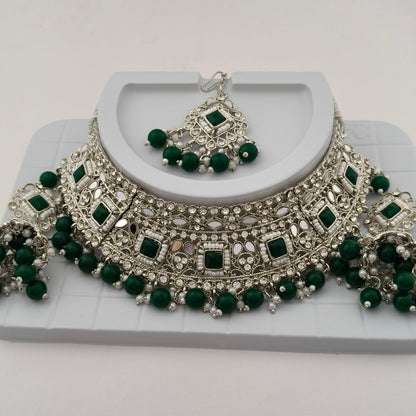 Elegant Choker Necklace Festive Set - Green color, Silver Plated