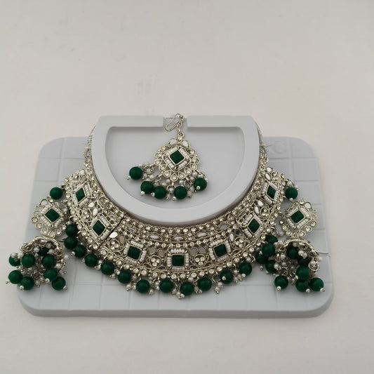 Elegant Choker Necklace Festive Set - Green color, Silver Plated