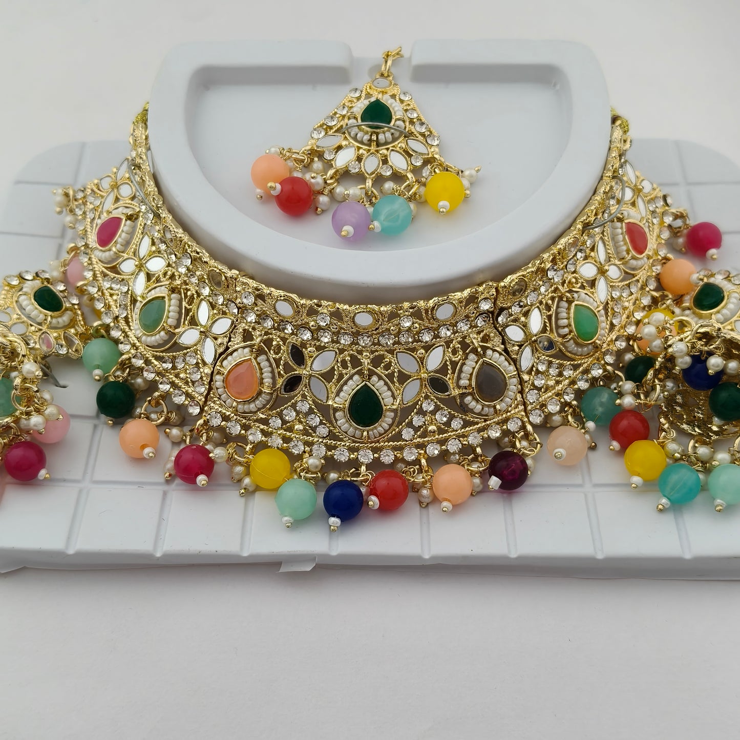 Elegant Choker Necklace Festive Set - Multi color, Gold Plated