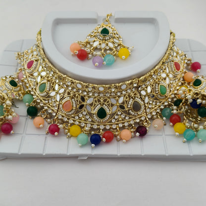 Elegant Choker Necklace Festive Set - Multi color, Gold Plated