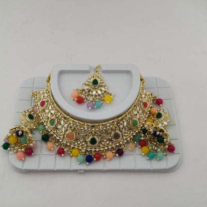 Elegant Choker Necklace Festive Set - Multi color, Gold Plated