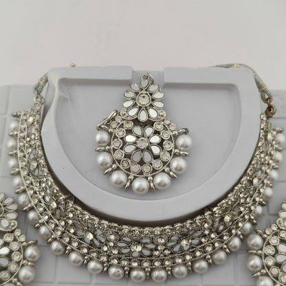 Elegant Choker Necklace Festive Set - White, Pearl, Silver Color