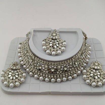Elegant Choker Necklace Festive Set - White, Pearl, Silver Color