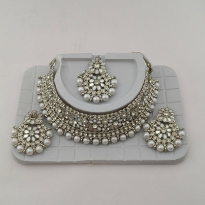 Elegant Choker Necklace Festive Set - White, Pearl, Silver Color