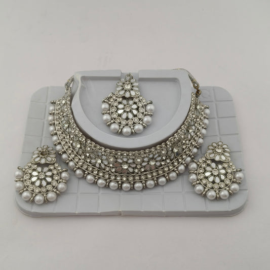 Elegant Choker Necklace Festive Set - White, Pearl, Silver Color