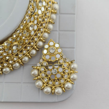 Elegant Choker Necklace Festive Set - White, Pearl, Gold Color