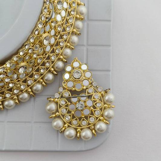 Elegant Choker Necklace Festive Set - White, Pearl, Gold Color