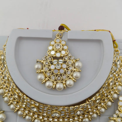 Elegant Choker Necklace Festive Set - White, Pearl, Gold Color