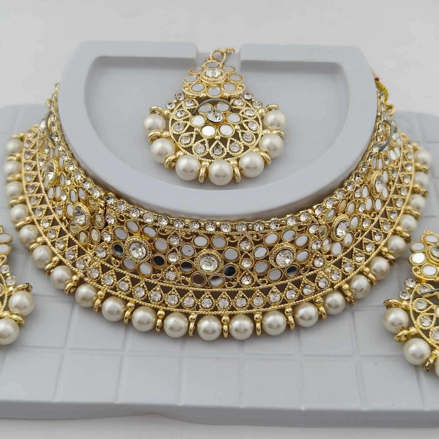 Elegant Choker Necklace Festive Set - White, Pearl, Gold Color
