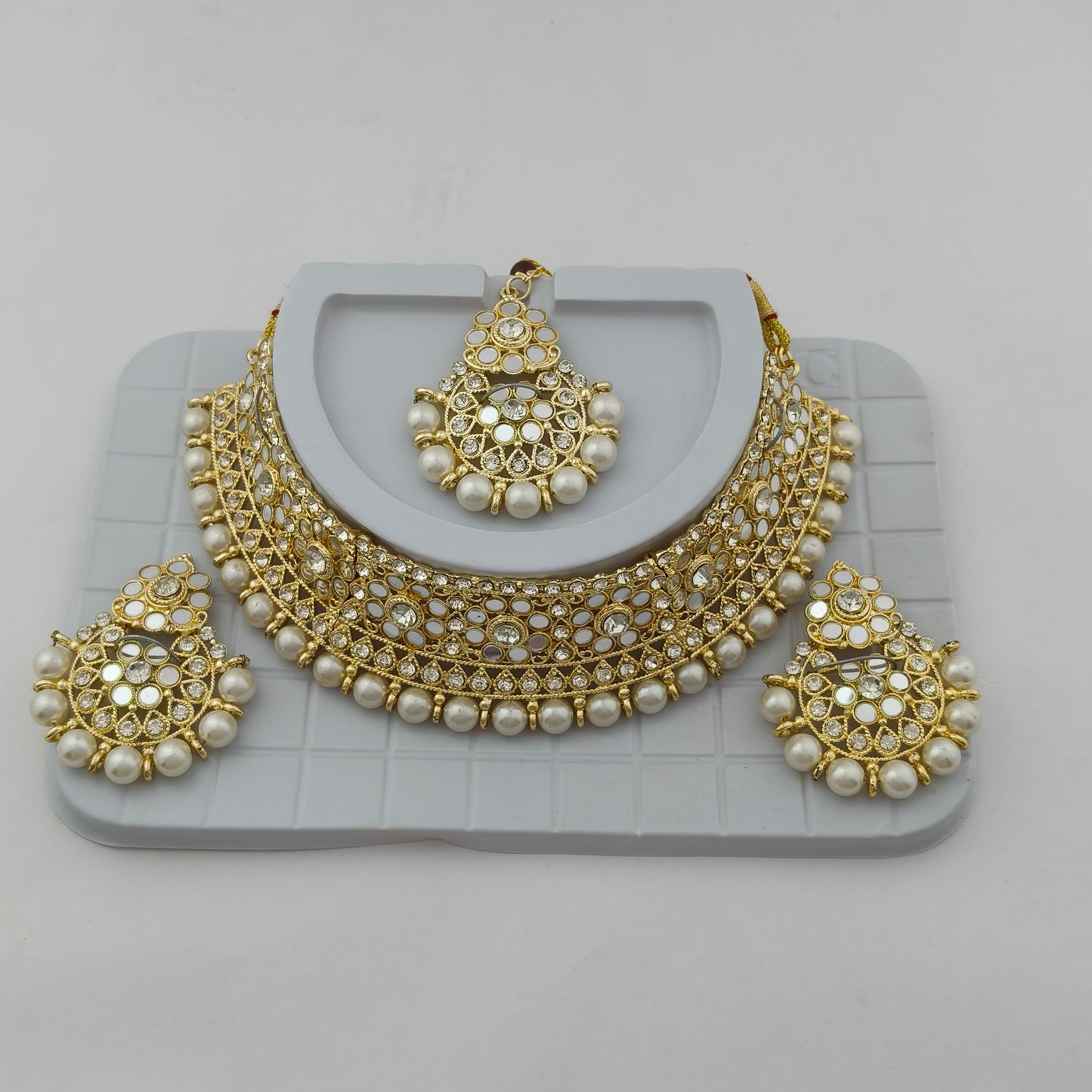 Elegant Choker Necklace Festive Set - White, Pearl, Gold Color