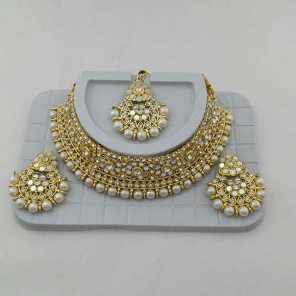 Elegant Choker Necklace Festive Set - White, Pearl, Gold Color