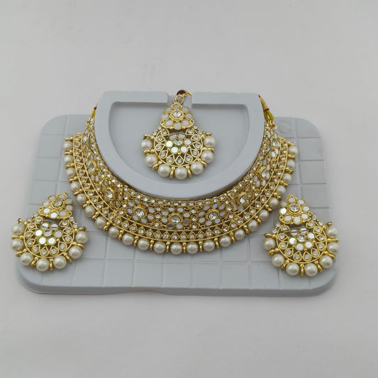 Elegant Choker Necklace Festive Set - White, Pearl, Gold Color