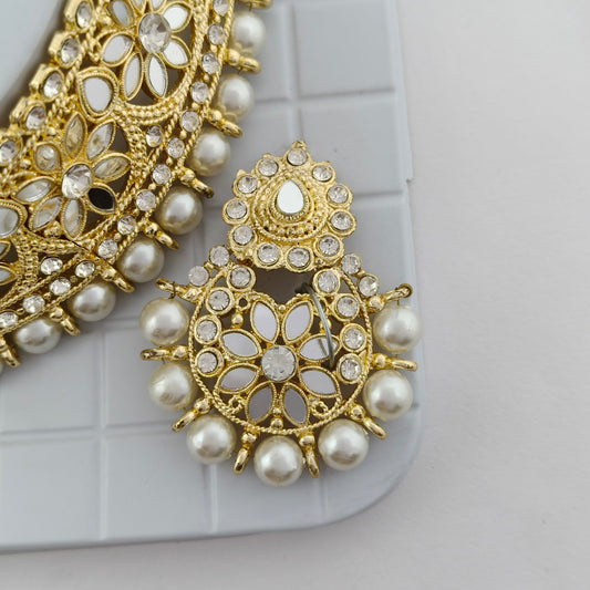 Elegant Choker Necklace Festive Set - White, Pearl, Gold Color