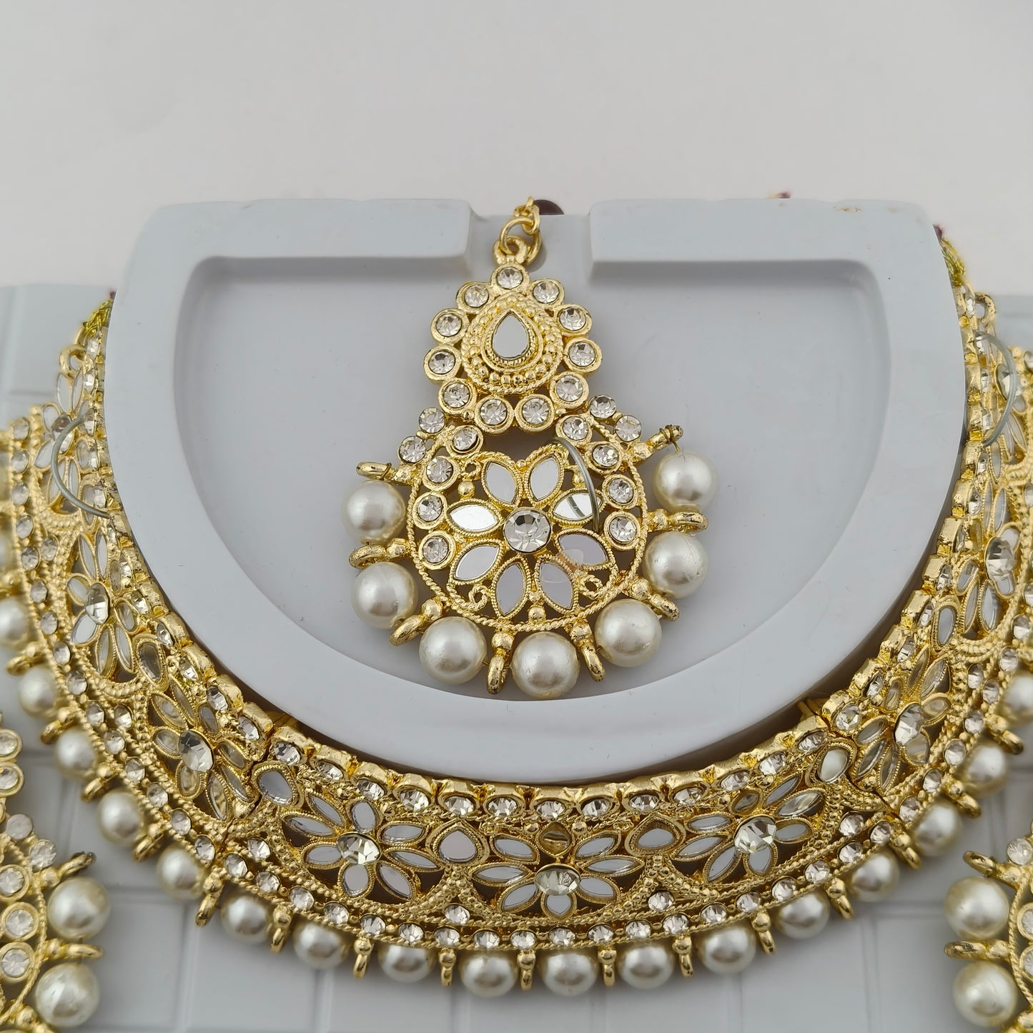 Elegant Choker Necklace Festive Set - White, Pearl, Gold Color
