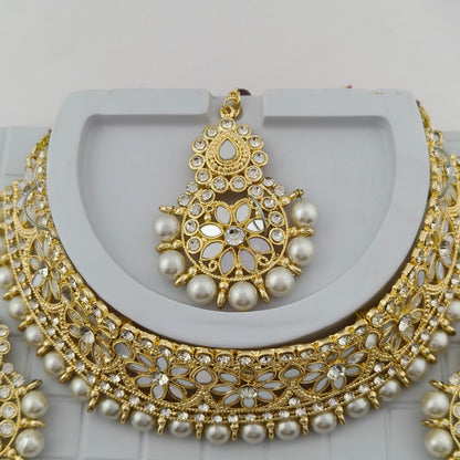 Elegant Choker Necklace Festive Set - White, Pearl, Gold Color