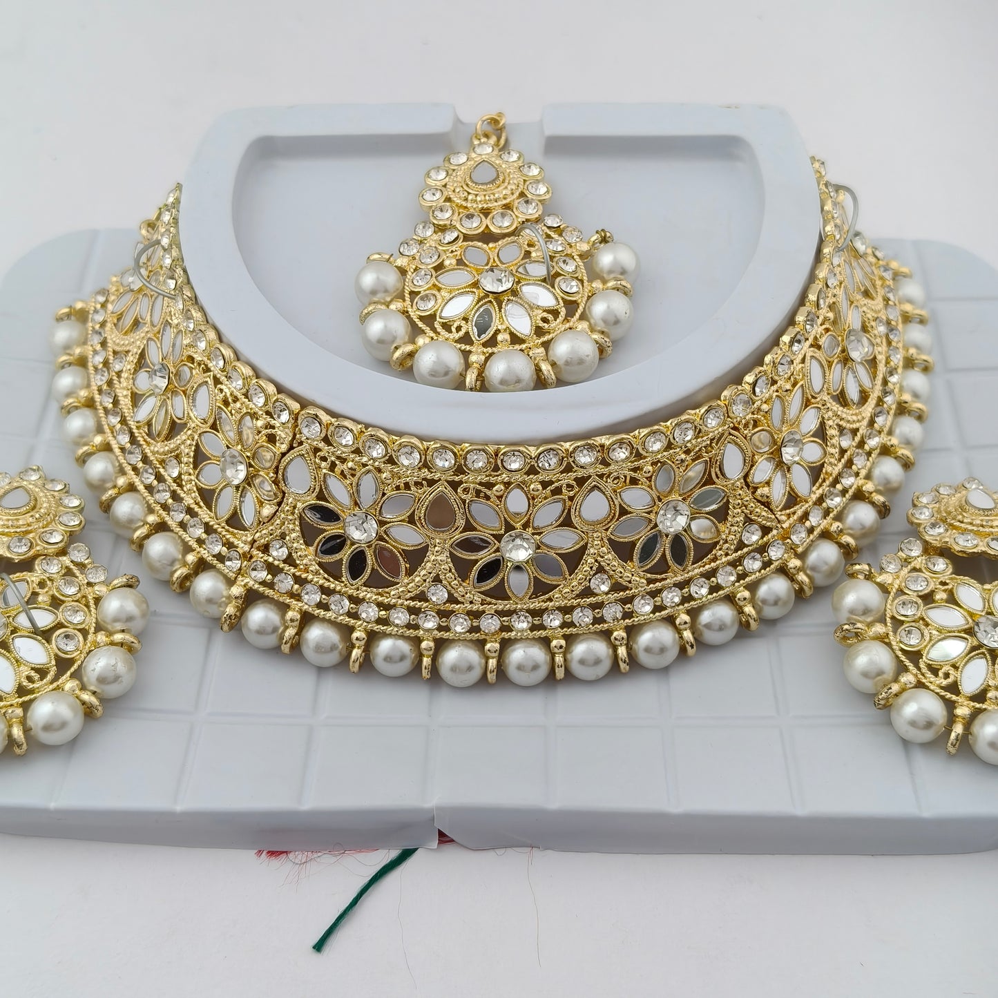 Elegant Choker Necklace Festive Set - White, Pearl, Gold Color