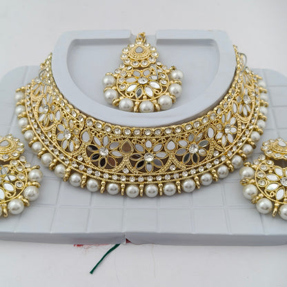 Elegant Choker Necklace Festive Set - White, Pearl, Gold Color