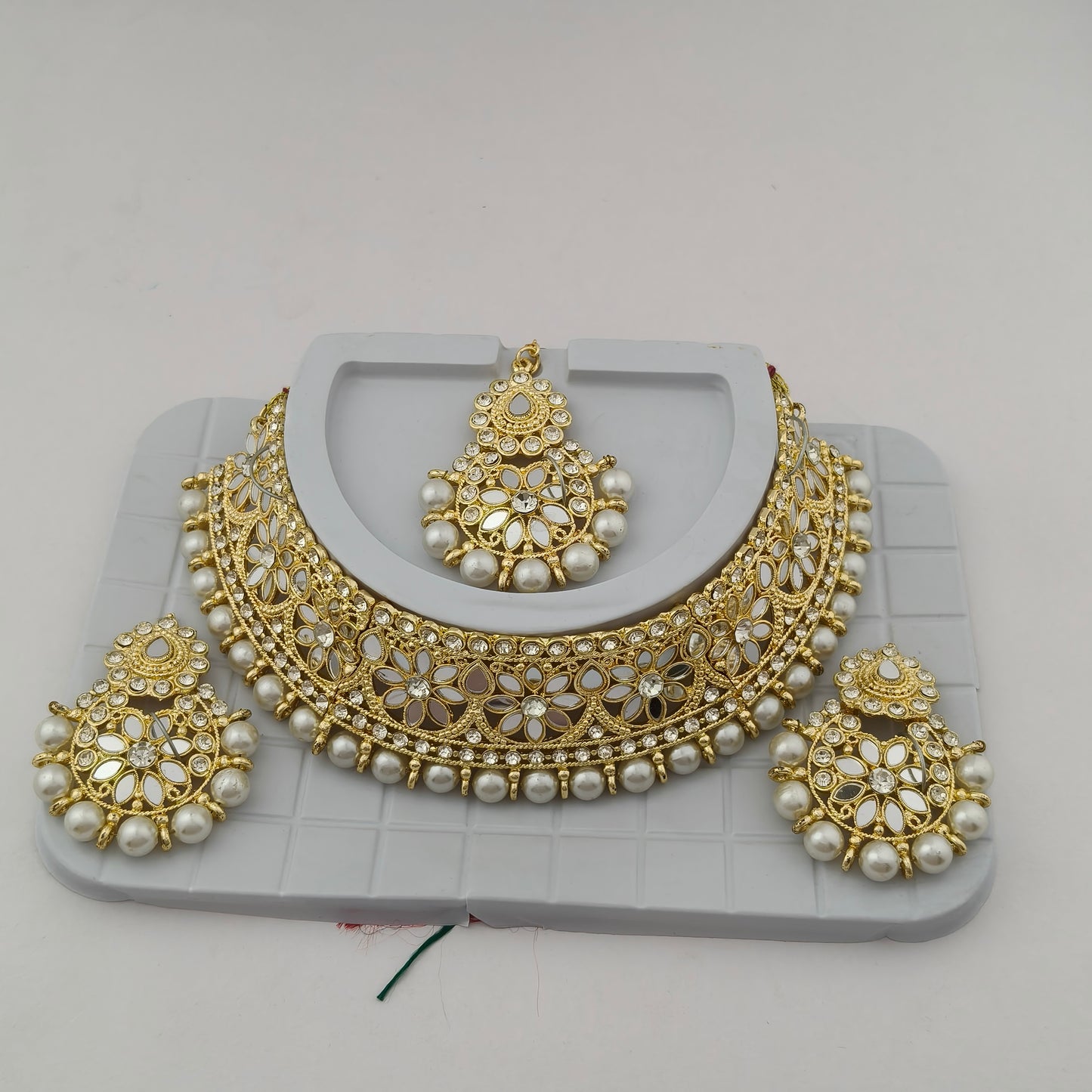 Elegant Choker Necklace Festive Set - White, Pearl, Gold Color
