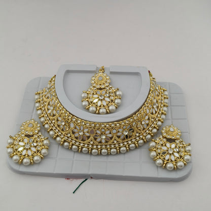 Elegant Choker Necklace Festive Set - White, Pearl, Gold Color