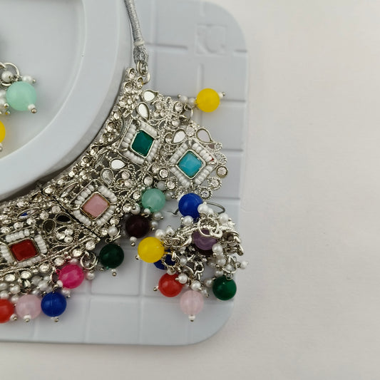Elegant Choker Necklace Festive Set - Multi color, Silver Plated
