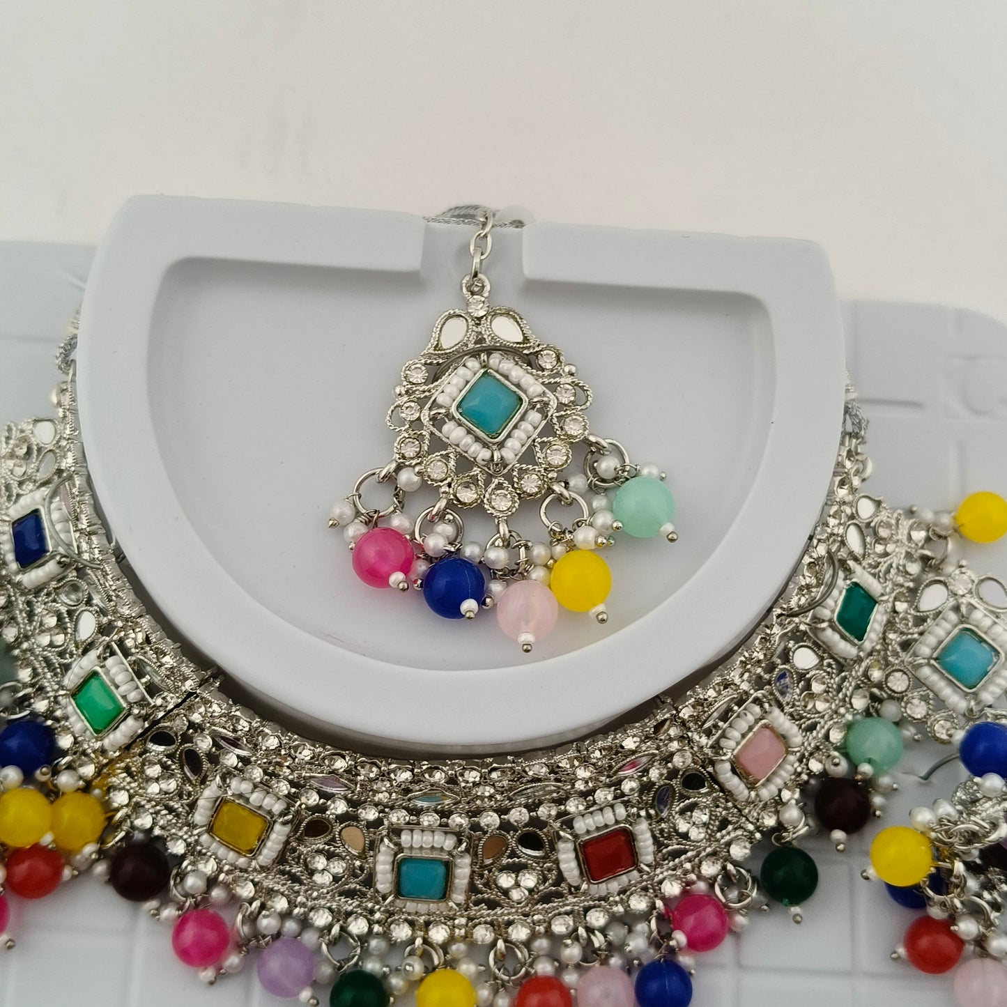 Elegant Choker Necklace Festive Set - Multi color, Silver Plated