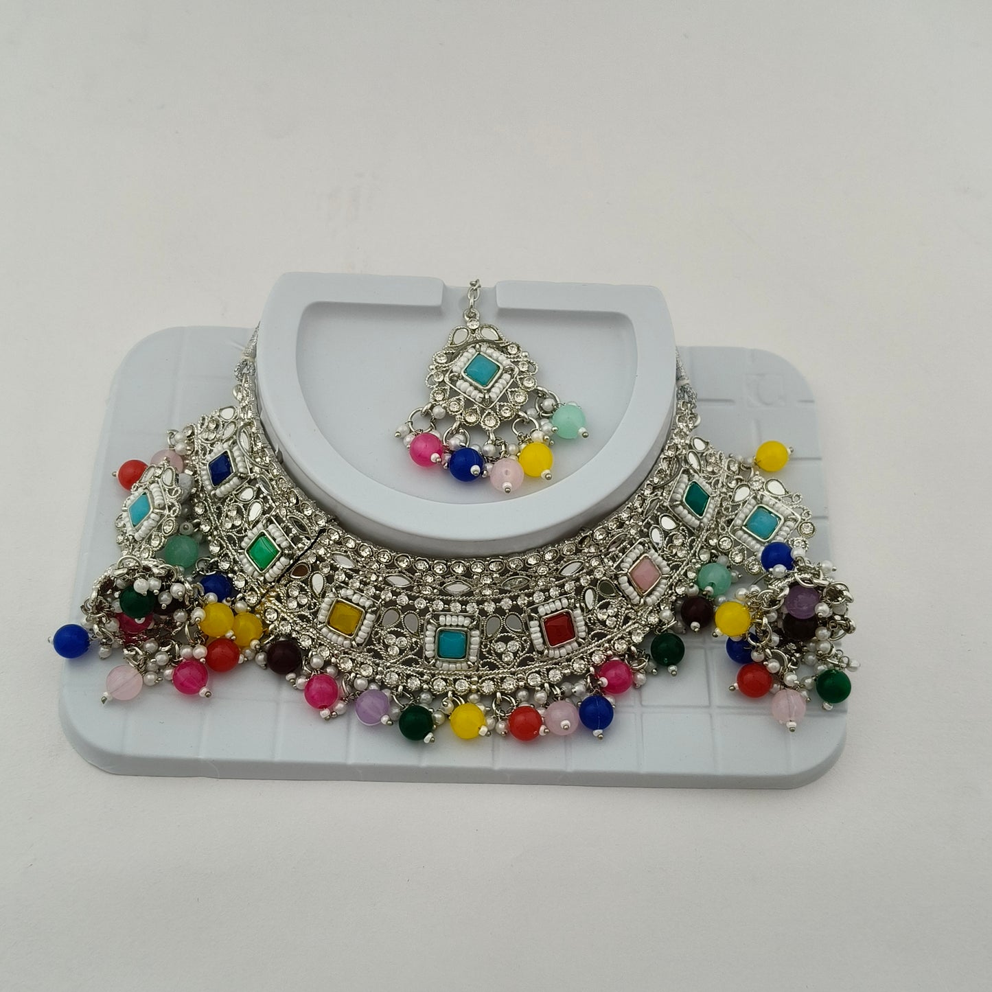 Elegant Choker Necklace Festive Set - Multi color, Silver Plated