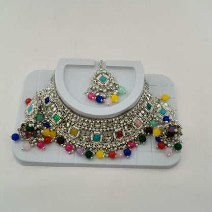 Elegant Choker Necklace Festive Set - Multi color, Silver Plated
