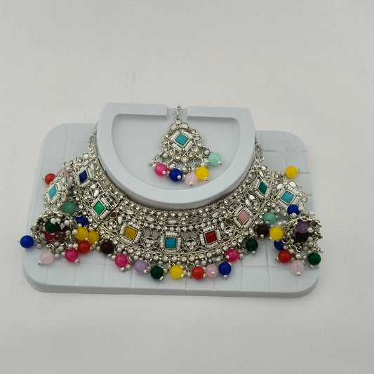 Elegant Choker Necklace Festive Set - Multi color, Silver Plated