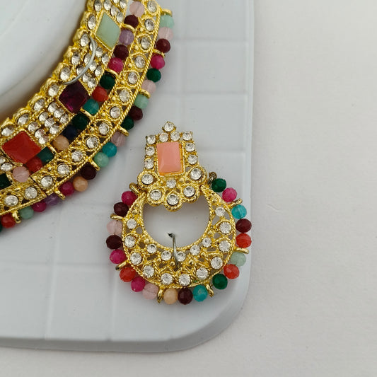 Elegant Choker Necklace Festive Set - Multi color, Gold Plated