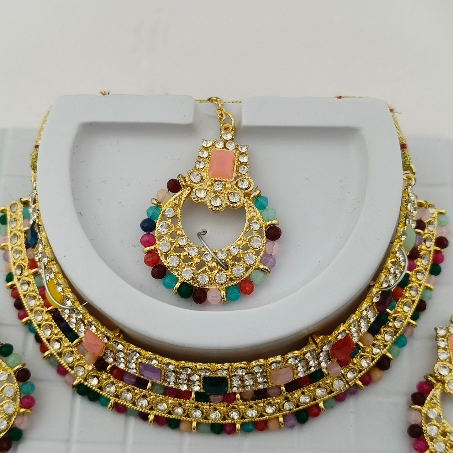 Elegant Choker Necklace Festive Set - Multi color, Gold Plated