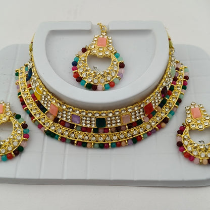 Elegant Choker Necklace Festive Set - Multi color, Gold Plated