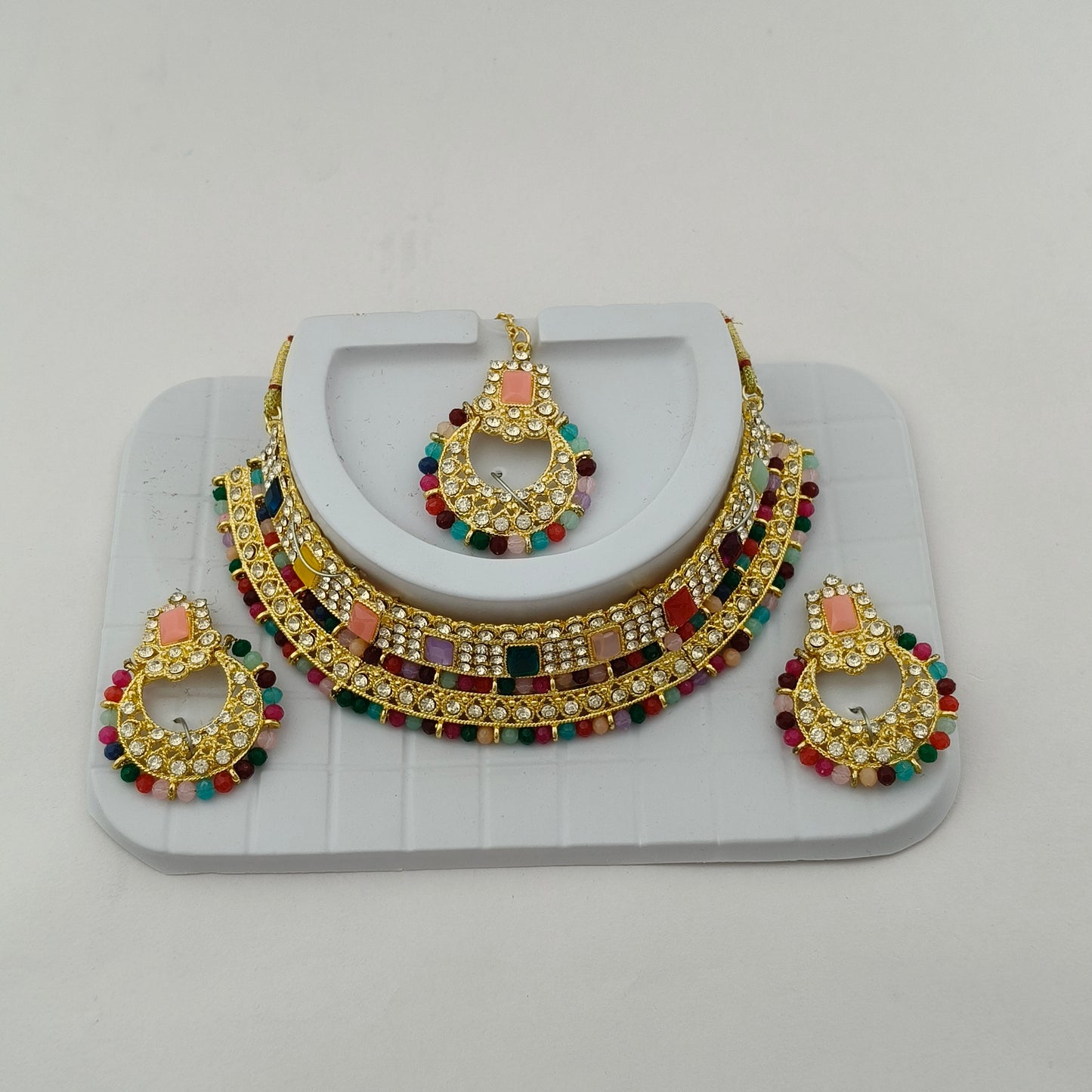 Elegant Choker Necklace Festive Set - Multi color, Gold Plated