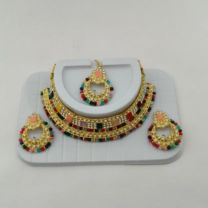 Elegant Choker Necklace Festive Set - Multi color, Gold Plated