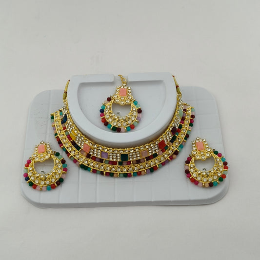 Elegant Choker Necklace Festive Set - Multi color, Gold Plated