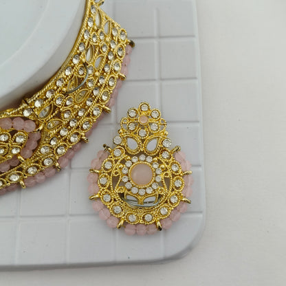 Elegant Choker Necklace Festive Set - White, Pink, Gold Color