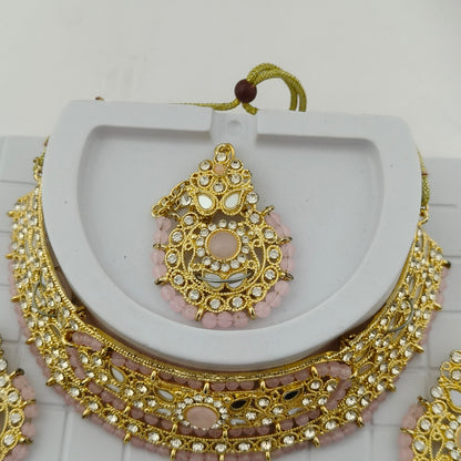 Elegant Choker Necklace Festive Set - White, Pink, Gold Color