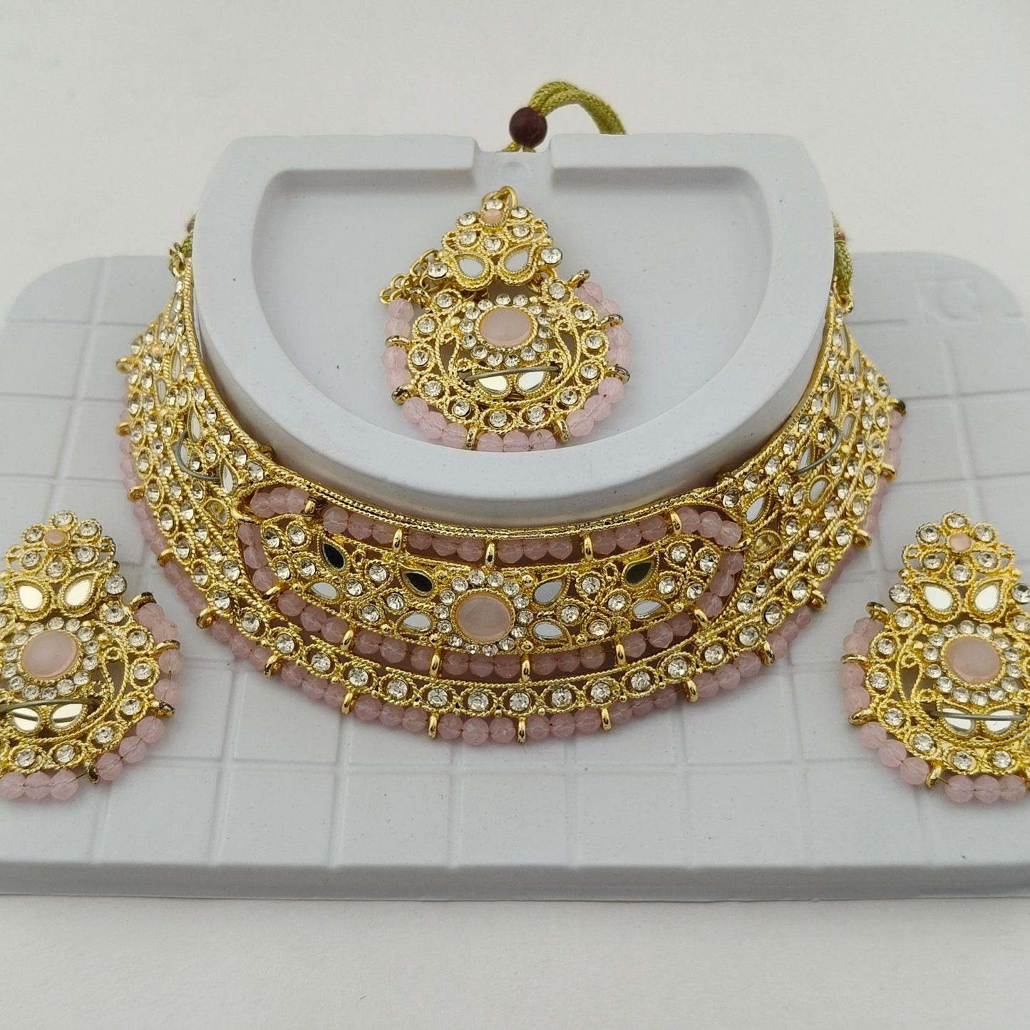 Elegant Choker Necklace Festive Set - White, Pink, Gold Color