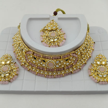 Elegant Choker Necklace Festive Set - White, Pink, Gold Color