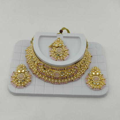 Elegant Choker Necklace Festive Set - White, Pink, Gold Color