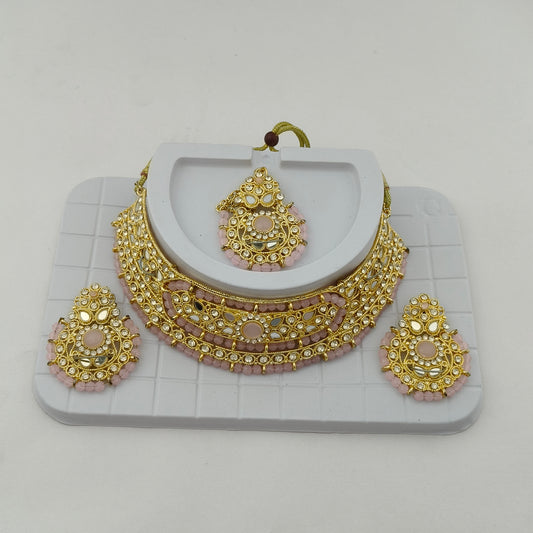Elegant Choker Necklace Festive Set - White, Pink, Gold Color