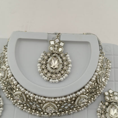 Elegant Choker Necklace Festive Set - White, Pearl, Silver Color