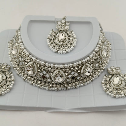 Elegant Choker Necklace Festive Set - White, Pearl, Silver Color