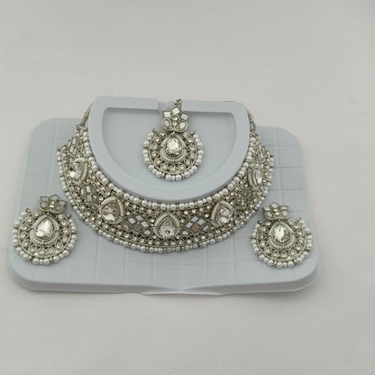 Elegant Choker Necklace Festive Set - White, Pearl, Silver Color