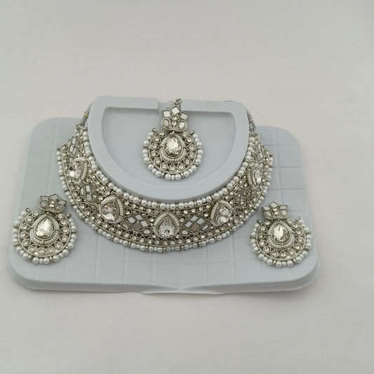 Elegant Choker Necklace Festive Set - White, Pearl, Silver Color