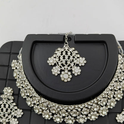 Elegant Choker Necklace Festive Set - White, Silver Color