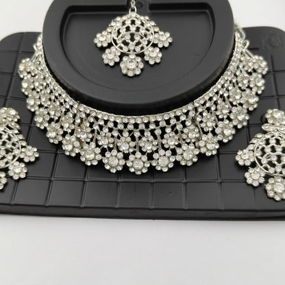 Elegant Choker Necklace Festive Set - White, Silver Color