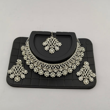 Elegant Choker Necklace Festive Set - White, Silver Color