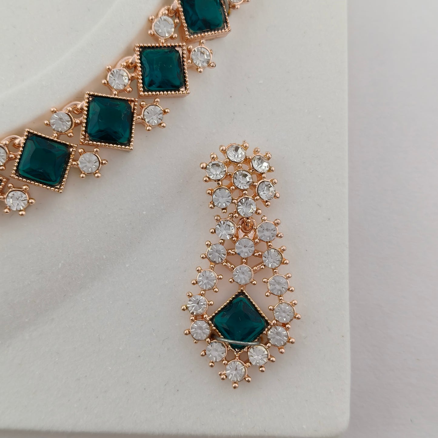 Elegant Short Necklace Set with Earrings & Maang Tika - Green, Rose Gold color