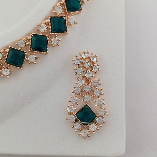 Elegant Short Necklace Set with Earrings & Maang Tika - Green, Rose Gold color